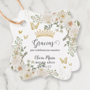 White Ivory Floral Quinceanera Sweet 16 Bilingual Favour Tags