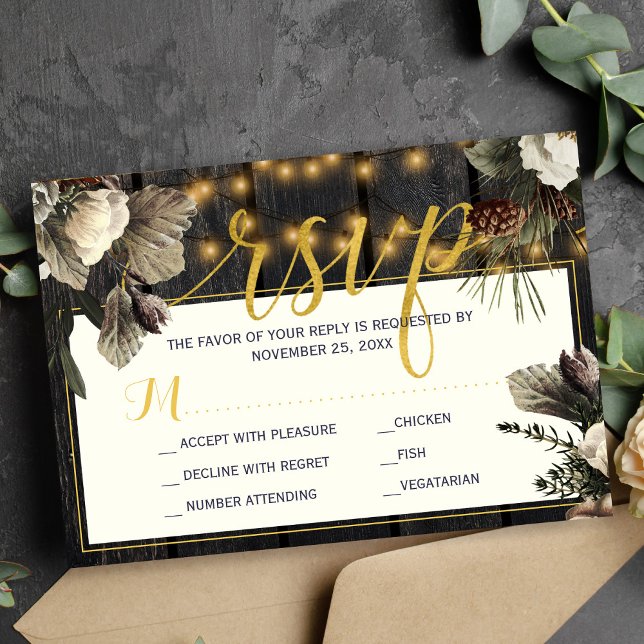 White ivory flowers rustic winter wedding RSVP card (Creator Uploaded)