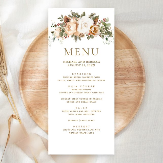 White Ivory Gold Christmas Floral Wedding  Menu (Creator Uploaded)