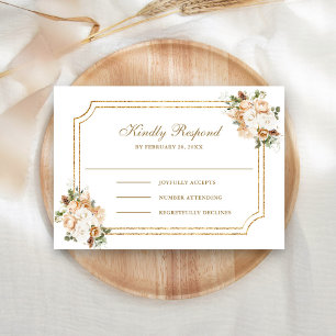White Ivory Gold Christmas Floral Wedding RSVP Card