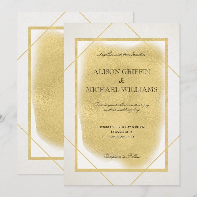 White ivory gold framed modern glam wedding invite (Front/Back)