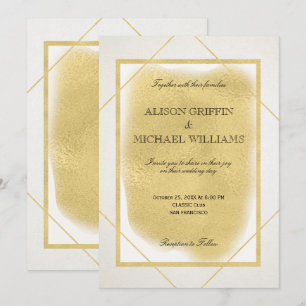 White ivory gold framed modern glam wedding invite