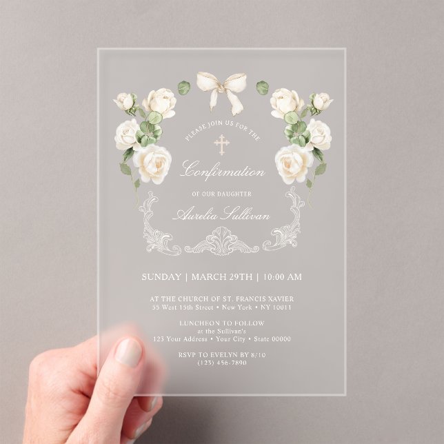 White Ivory Roses Frame Confirmation Acrylic Invitations (Insitu (Handheld))