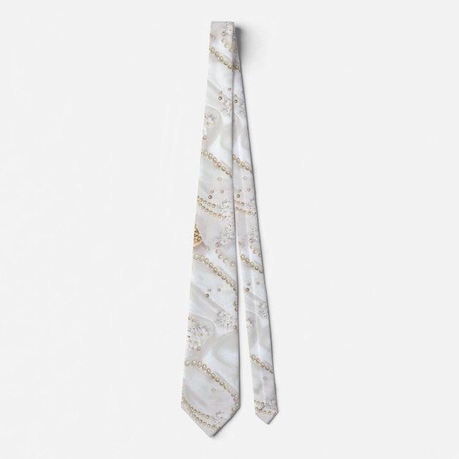 White-Ivory Silk & Ivory Champaign Pearls Cosmetic Tie (Front)