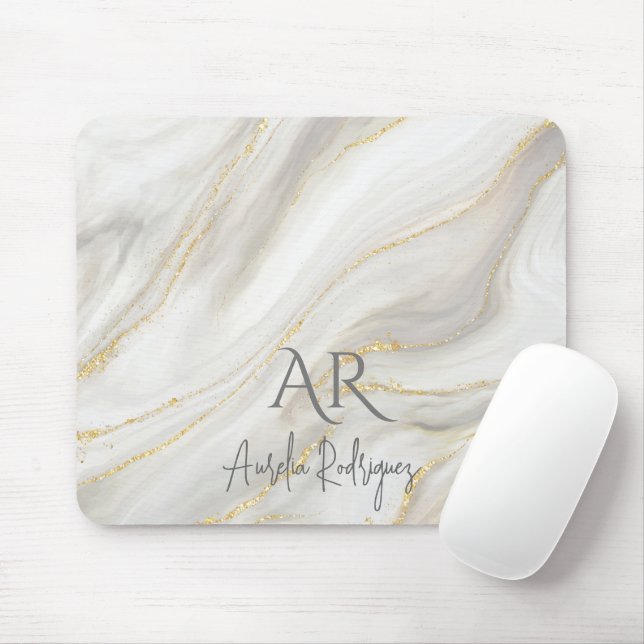 White Jade Marble Gold Glitter Customisable Mouse Mat (With Mouse)