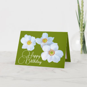 White Japanese Anemones Green Colour Background Card
