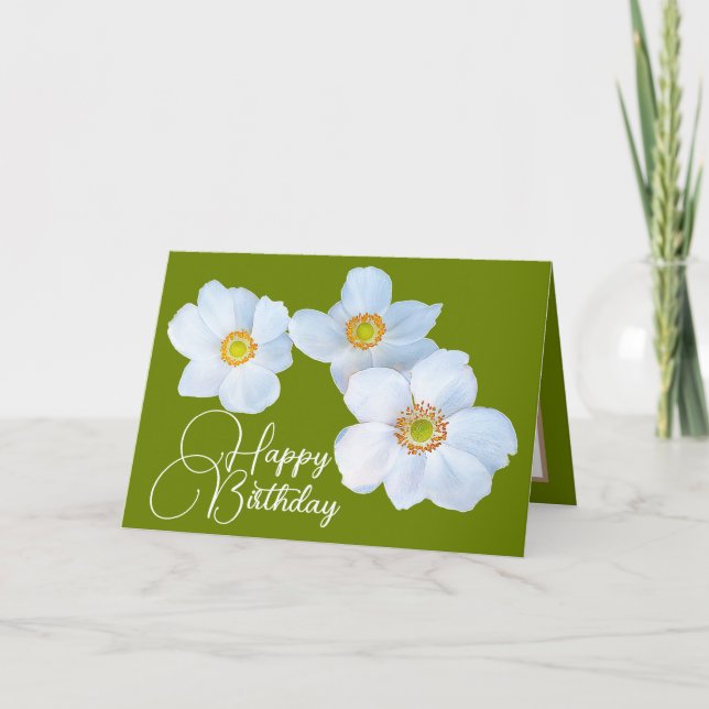 White Japanese Anemones Green Colour Background Card (Front)