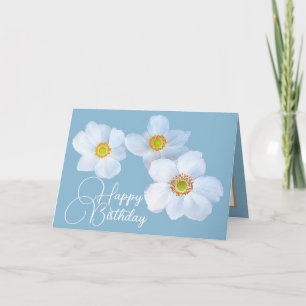 White Japanese Anemones Sky Blue Colour Background Card