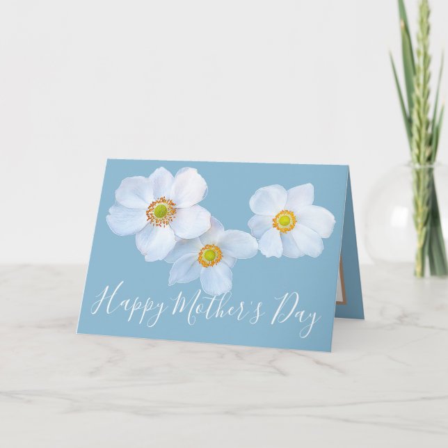 White Japanese Anemones Sky Blue Colour Background Card (Front)