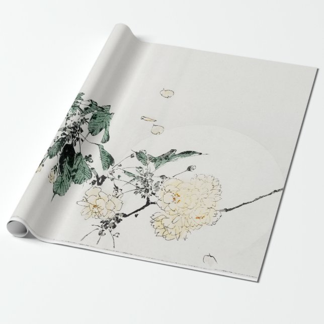 WHITE JAPANESE FLOWER PRINT Wrapping Paper (Unrolled)