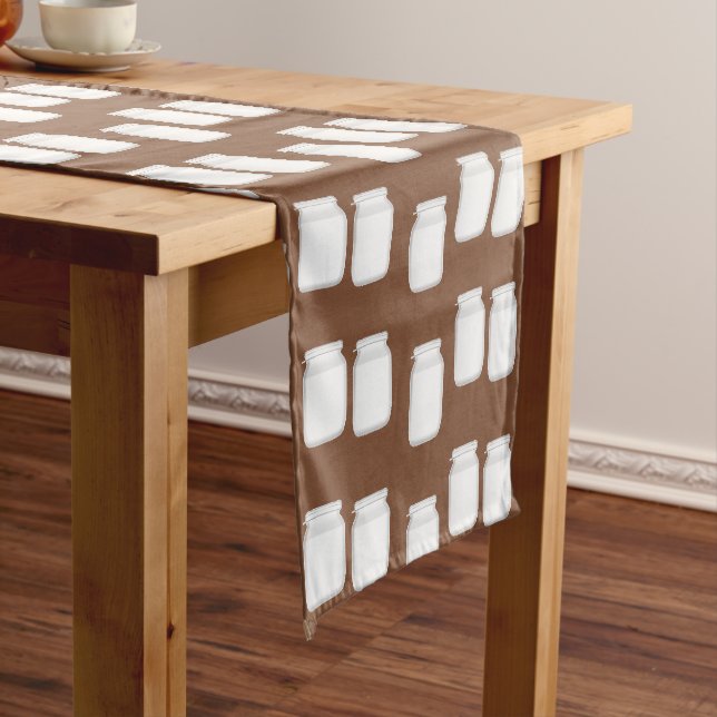 White jars on brown short table runner (In Situ)