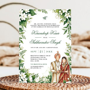 White Jasmine Floral Green Foliage Sikh Wedding Invitation