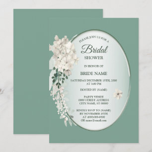 White Jasmine Floral Green Geometric Bridal Shower Invitation