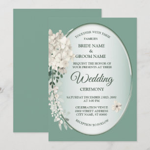 White Jasmine Floral Green Geometric Wedding Invitation
