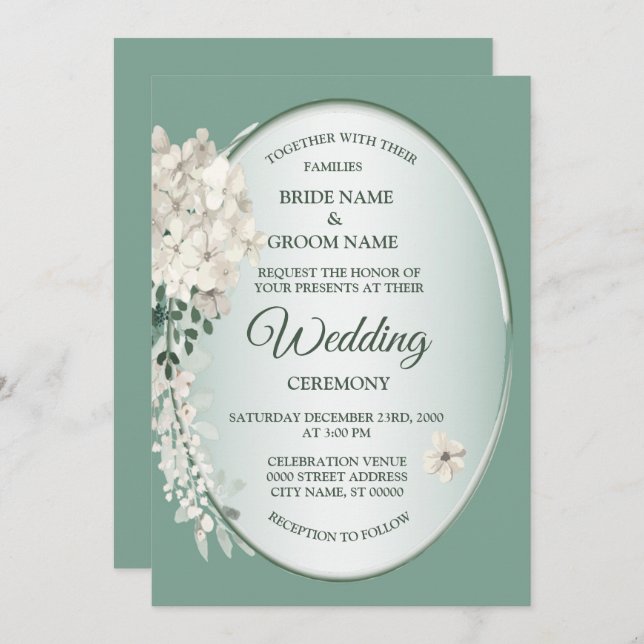 White Jasmine Floral Green Geometric Wedding Invitation (Front/Back)
