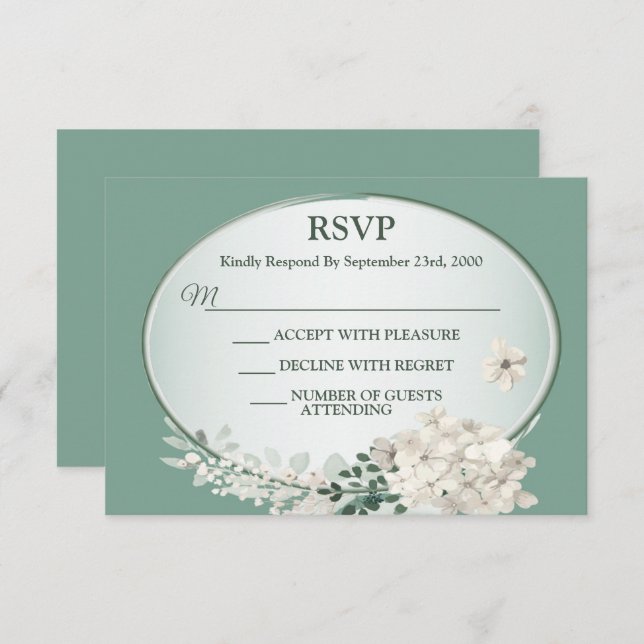 White Jasmine Floral Green Geometric Wedding Party RSVP Card (Front/Back)