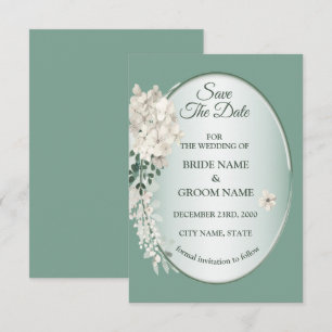 White Jasmine Floral Green Geometric Wedding Save The Date