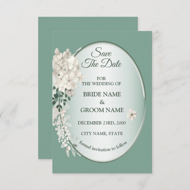White Jasmine Floral Green Geometric Wedding Save The Date (Front/Back)