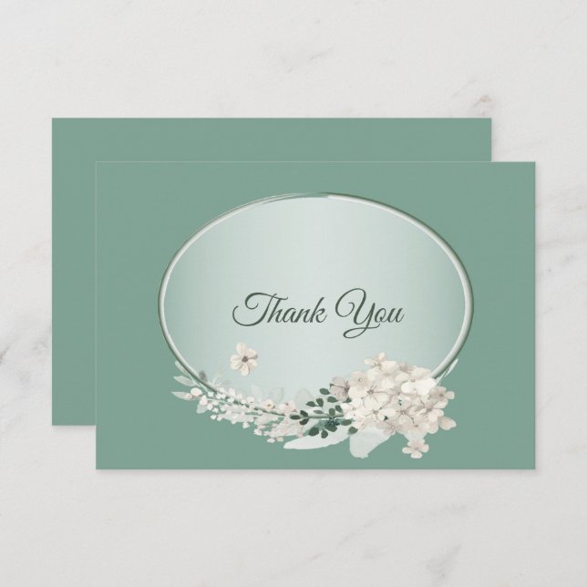 White Jasmine Floral Green Geometric Wedding Thank You Card (Front/Back)
