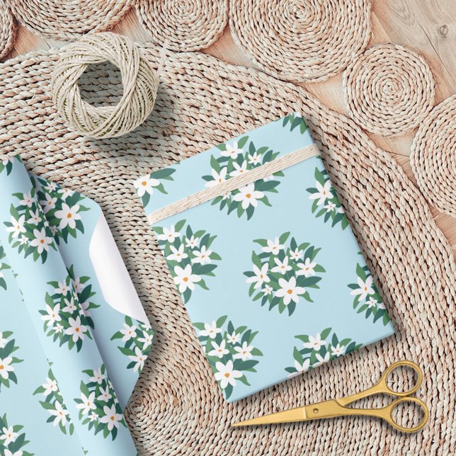 White Jasmine Flower Bouquet Floral on Blue Wrapping Paper (In situ)