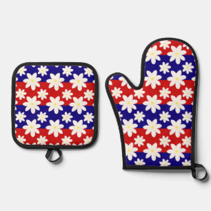 White Jasmine Flowers Pattern Oven Mitt & Pot Holder Set