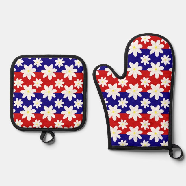 White Jasmine Flowers Pattern Oven Mitt & Pot Holder Set (Front)