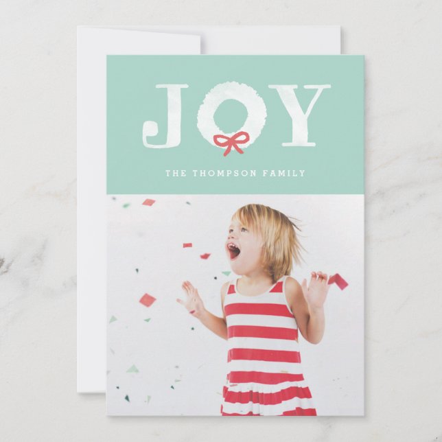 White Joy Christmas Wreath Holiday Photo Card (Front)
