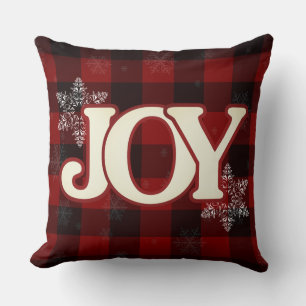 White JOY of Christmas Elegant Red buffalo plaid Cushion