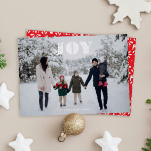 White Joy Text Scandi Folk Art Landscape Photo Holiday Card