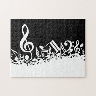White Jumbled Musical Notes on Black Jigsaw Puzzle
