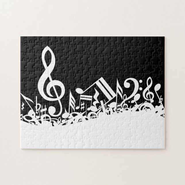 White Jumbled Musical Notes on Black Jigsaw Puzzle (Horizontal)