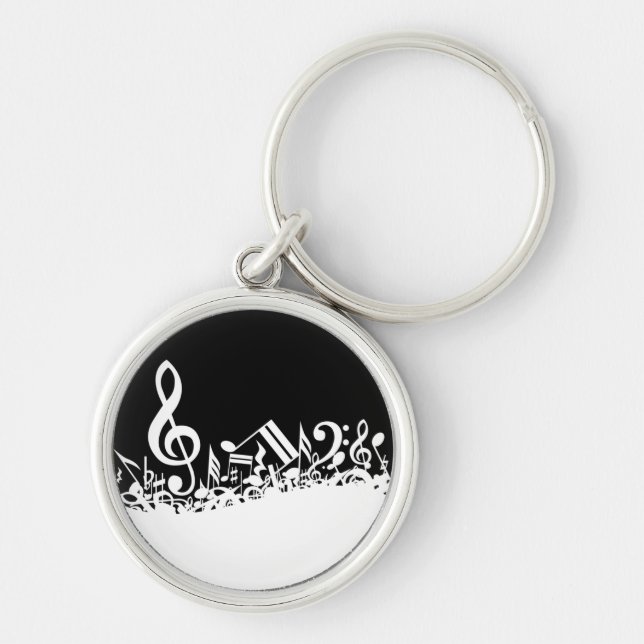 White Jumbled Musical Notes on Black Key Ring (Front)