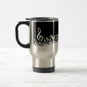 White Jumbled Musical Notes on Black Travel Mug