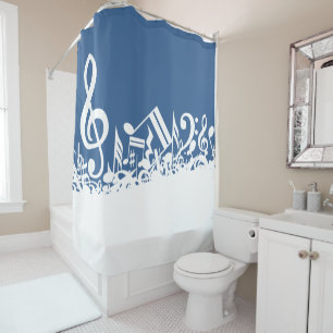White Jumbled Musical Notes on Blue Shower Curtain