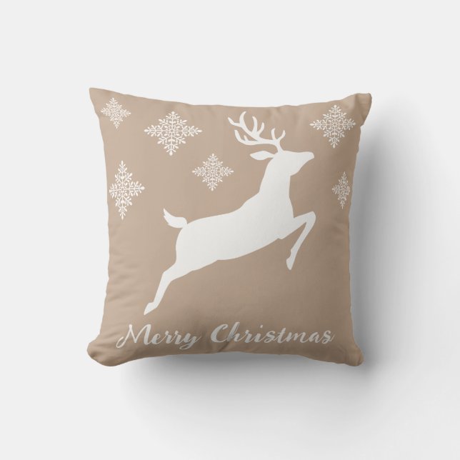 White Jumping Deer On Beige With Snowflakes Cushion (Front)