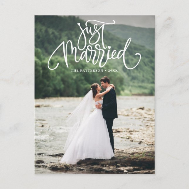 White Just Married Lettering Photo Wedding Announcement Postcard (Front)