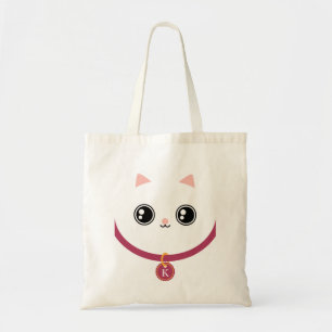 White Kawaii Kitty Cat Face Custom Name Monogram Tote Bag