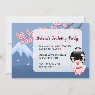 White Kimono Kokeshi Doll - Cute Birthday Party Invitation