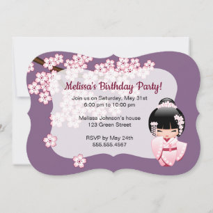 White Kimono Kokeshi Doll - Cute Birthday Party Invitation