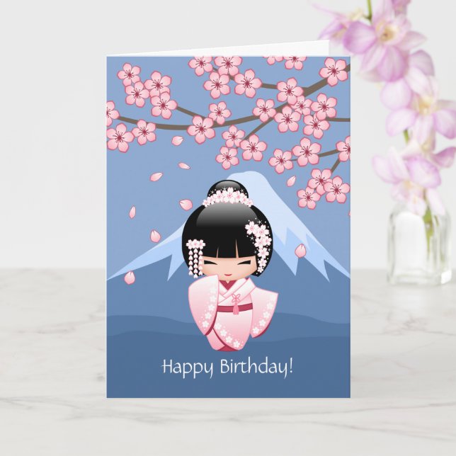 White Kimono Kokeshi Doll - Cute Geisha Birthday Card (Orchid)