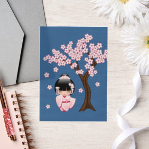 White Kimono Kokeshi Doll Cute Geisha Blue Insert Vellum Invitations