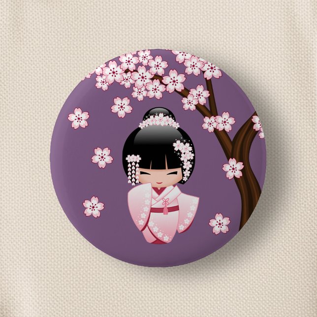 White Kimono Kokeshi Doll - Cute Geisha Girl 6 Cm Round Badge (Creator Uploaded)
