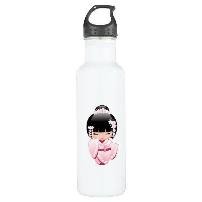 White Kimono Kokeshi Doll - Cute Geisha Girl 710 Ml Water Bottle (Front)