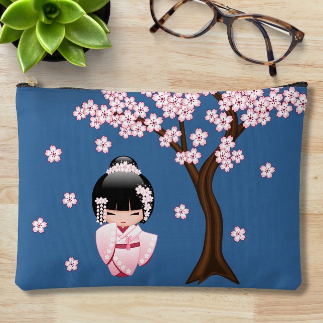 White Kimono Kokeshi Doll Cute Geisha Girl Blue Accessory Pouch (Creator Uploaded)