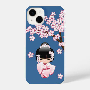 White Kimono Kokeshi Doll - Cute Geisha Girl Blue iPhone 14 Case