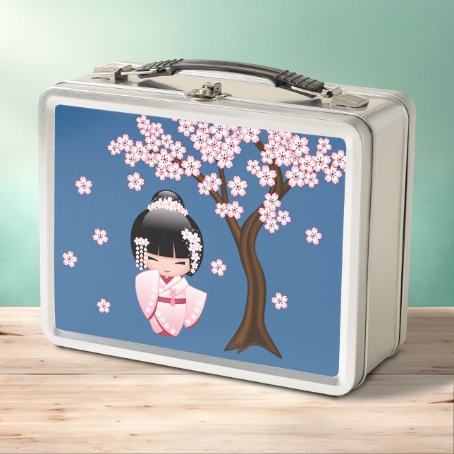 White Kimono Kokeshi Doll Cute Geisha Girl Blue Metal Lunch Box (Creator Uploaded)