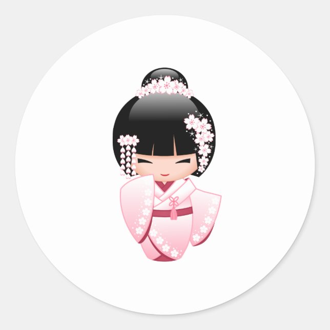 White Kimono Kokeshi Doll - Cute Geisha Girl Classic Round Sticker (Front)