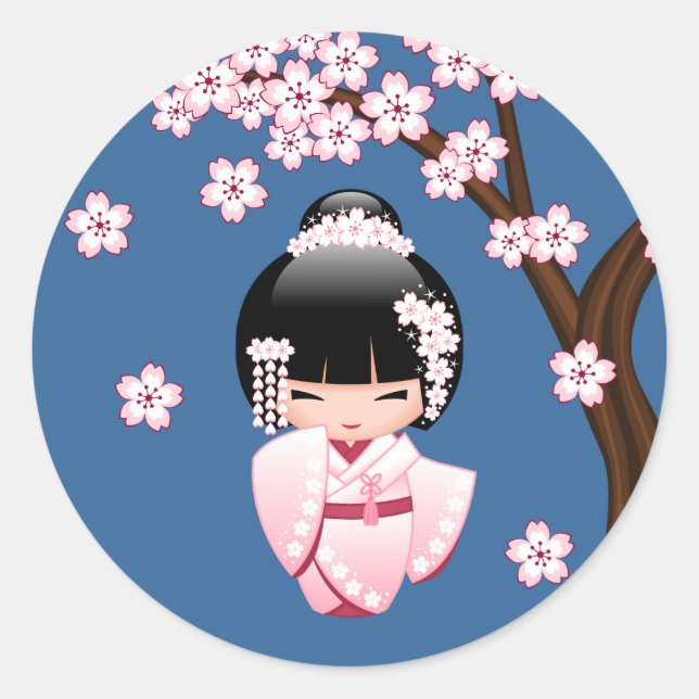 White Kimono Kokeshi Doll - Cute Geisha Girl Classic Round Sticker (Front)