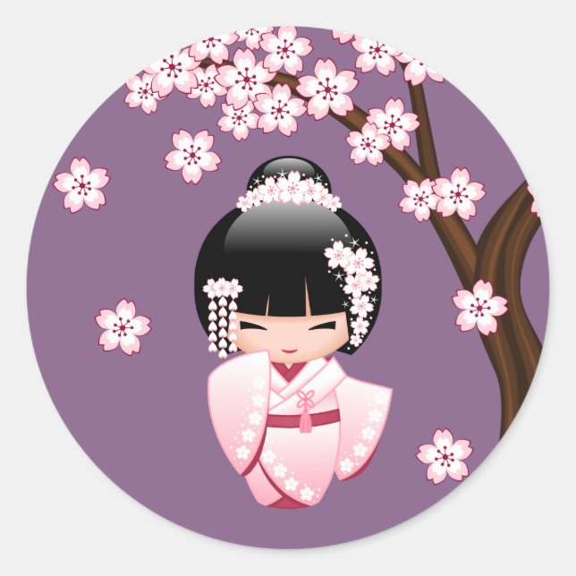 White Kimono Kokeshi Doll - Cute Geisha Girl Classic Round Sticker (Front)