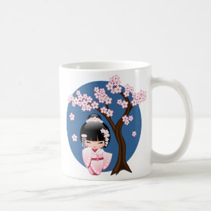 White Kimono Kokeshi Doll - Cute Geisha Girl Coffee Mug